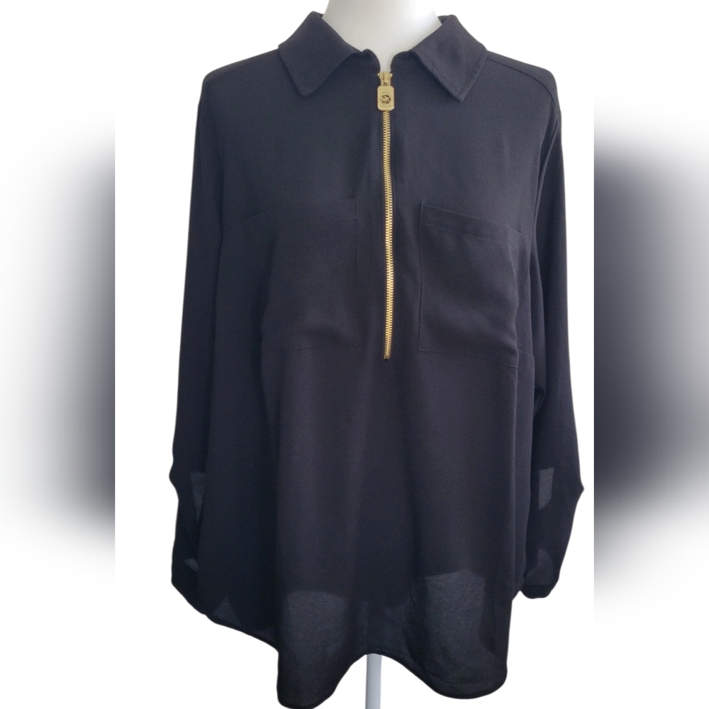 MICHAEL Michael Kors Black Blouse with Gold Colored Zipper, Women's 1X